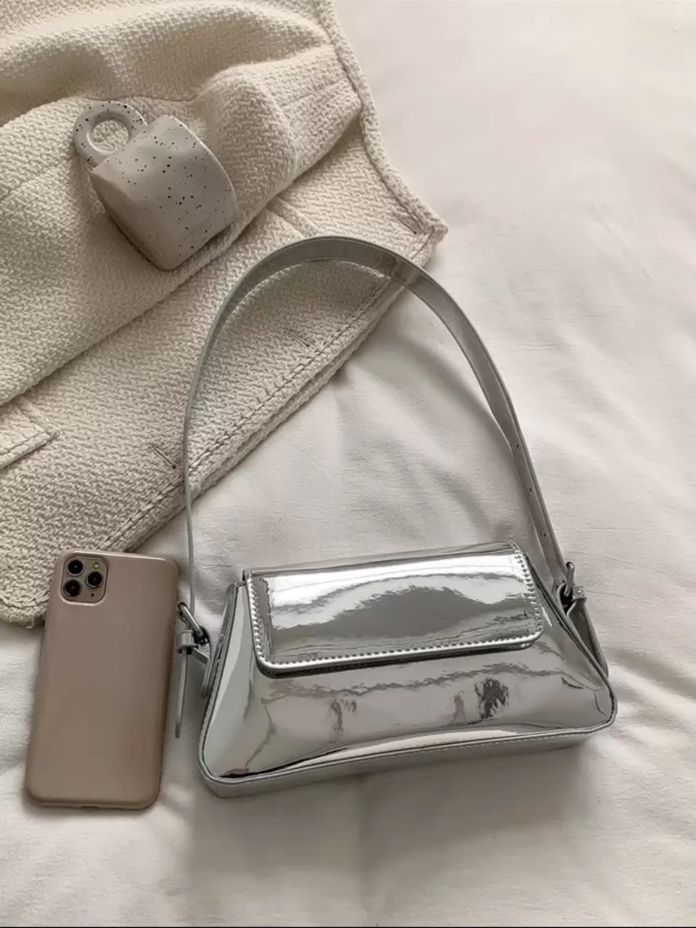 Sleek Silver Patent Shoulder Bag - Contemporary Women’s Handbag